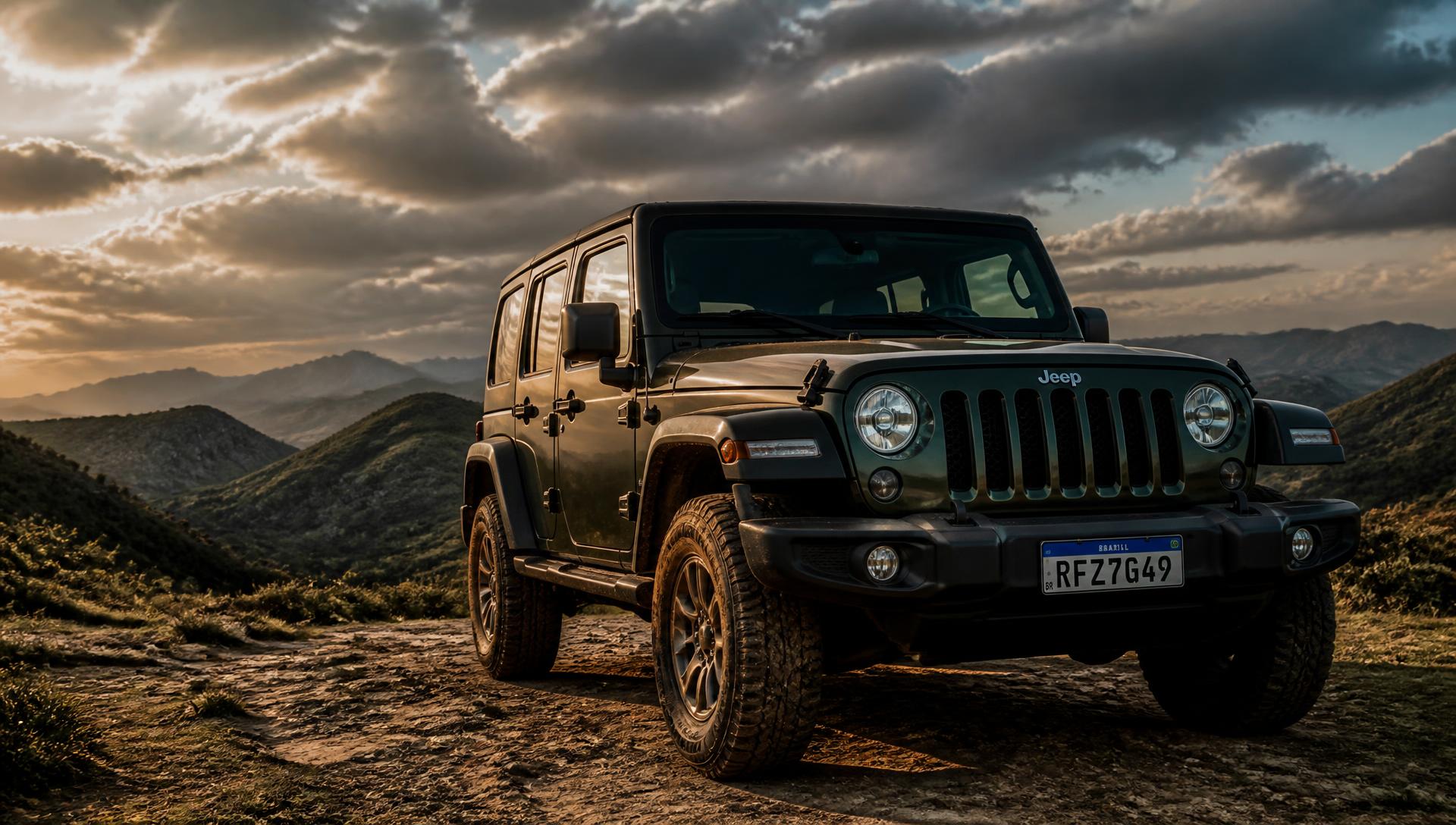 Jeep em trilha de montanha ao pôr do sol