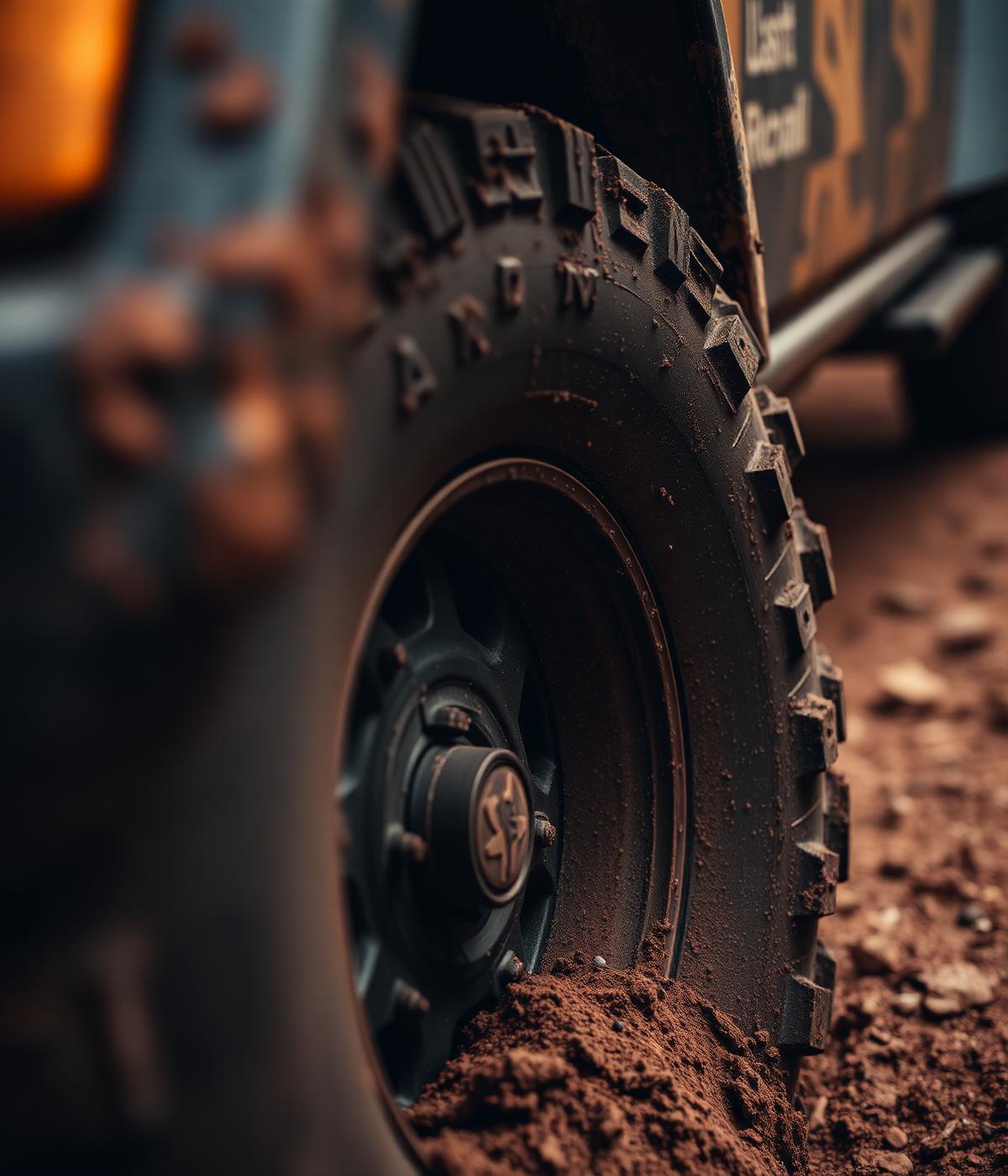 Pneu off-road de um Jeep em terreno de terra